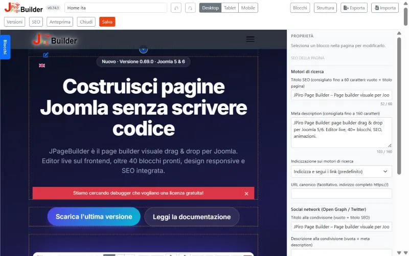 Editor live di JPageBuilder